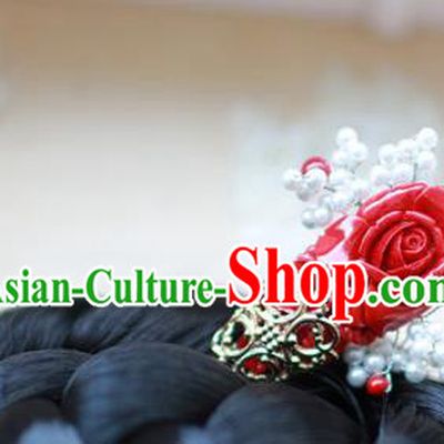 Traditional Korean National Hair Accessories Wedding Princess Red Rose Hairpins, Asian Korean Fashion Hanbok Hair Stick Headwear for Girls