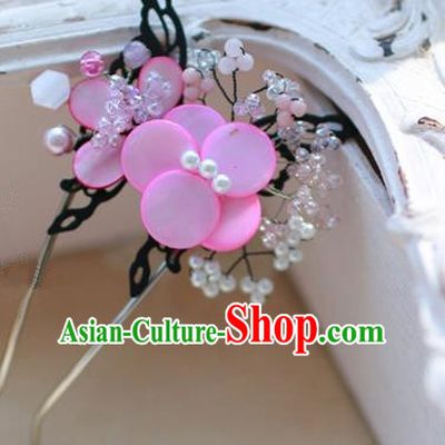 Traditional Korean National Hair Accessories Wedding Princess Pink Flower Butterfly Hairpins, Asian Korean Fashion Hanbok Hair Stick Headwear for Girls