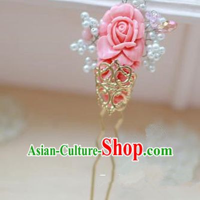 Traditional Korean National Hair Accessories Wedding Princess Pink Rose Hairpins, Asian Korean Fashion Hanbok Hair Stick Headwear for Girls
