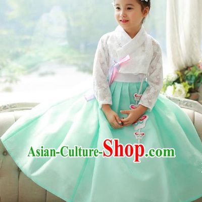 Asian Korean National Traditional Handmade Formal Occasions Girls Embroidered White Lace Blouse and Green Dress Costume Hanbok Clothing for Kids
