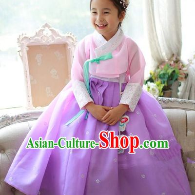 Asian Korean National Traditional Handmade Formal Occasions Girls Embroidered Pink Blouse and Purple Dress Costume Hanbok Clothing for Kids