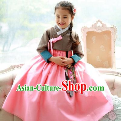 Asian Korean National Traditional Handmade Formal Occasions Girls Embroidered Grey Blouse and Pink Dress Costume Hanbok Clothing for Kids