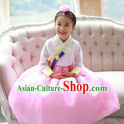 Asian Korean National Traditional Handmade Formal Occasions Girls Embroidered White Blouse and Pink Dress Costume Hanbok Clothing for Kids