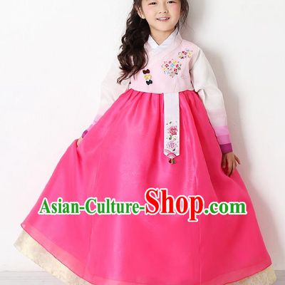 Asian Korean National Traditional Handmade Formal Occasions Girls Embroidered Pink Blouse and Dress Costume Hanbok Clothing for Kids