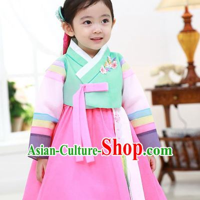 Asian Korean National Traditional Handmade Formal Occasions Girls Embroidered Green Blouse and Pink Dress Costume Hanbok Clothing for Kids