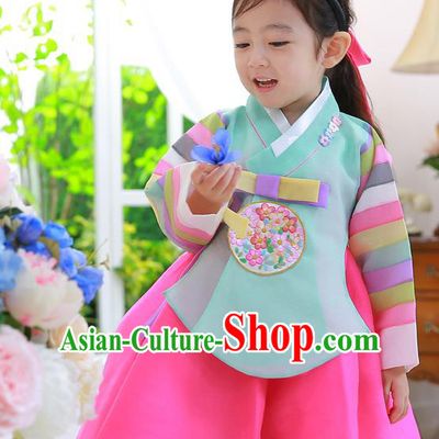 Asian Korean National Traditional Handmade Formal Occasions Girls Embroidered Green Blouse and Dress Costume Hanbok Clothing for Kids