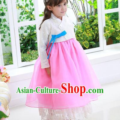 Asian Korean National Traditional Handmade Formal Occasions Girls White Lace Blouse and Pink Dress Costume Hanbok Clothing for Kids
