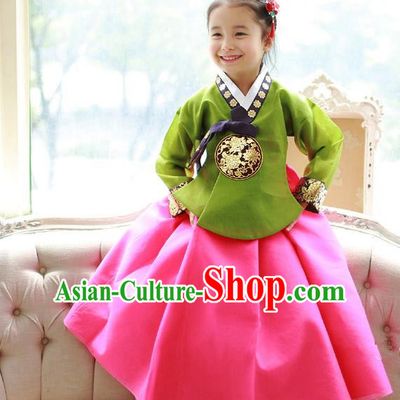 Asian Korean National Traditional Handmade Formal Occasions Girls Embroidery Green Blouse and Rosy Dress Costume Hanbok Clothing for Kids