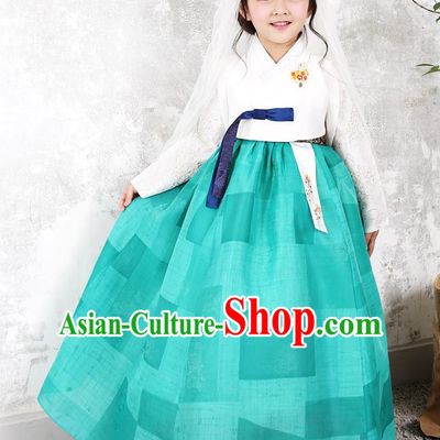 Asian Korean National Traditional Handmade Formal Occasions Girls Embroidery White Blouse and Green Dress Costume Hanbok Clothing for Kids