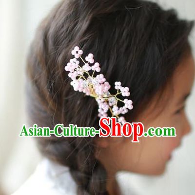 Traditional Korean National Hair Accessories Wedding Princess Pink Beads Hairpins, Asian Korean Fashion Hanbok Hair Claw Headwear for Girls
