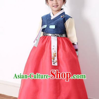 Asian Korean National Traditional Handmade Formal Occasions Girls Embroidery Blue Blouse and Red Dress Costume Hanbok Clothing for Kids