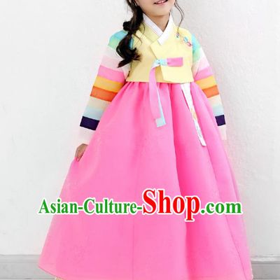 Asian Korean National Traditional Handmade Formal Occasions Girls Embroidery Yellow Blouse and Pink Dress Costume Hanbok Clothing for Kids