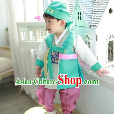 Asian Korean National Traditional Handmade Formal Occasions Boys Embroidery Green Hanbok Costume Complete Set for Kids