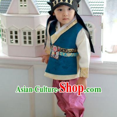 Asian Korean National Traditional Handmade Formal Occasions Boys Embroidery Peacock Blue Hanbok Costume Complete Set for Kids