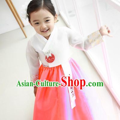 Asian Korean National Traditional Handmade Formal Occasions Girls Embroidery Hanbok Costume White Blouse and Pink Dress Complete Set for Kids