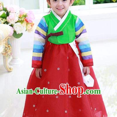 Asian Korean National Traditional Handmade Formal Occasions Girls Embroidery Hanbok Costume Green Blouse and Red Dress Complete Set for Kids