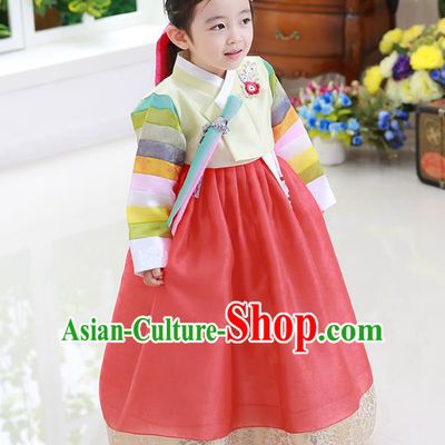 Asian Korean National Traditional Handmade Formal Occasions Girls Embroidery Hanbok Costume Yellow Blouse and Red Dress Complete Set for Kids
