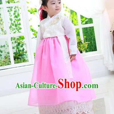 Asian Korean National Traditional Handmade Formal Occasions Girls Embroidery Hanbok Costume White Lace Blouse and Dress Complete Set for Kids