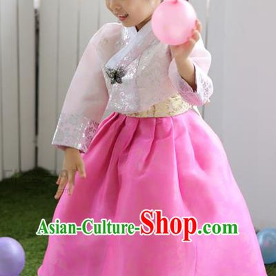 Asian Korean National Traditional Handmade Formal Occasions Girls Embroidery Hanbok Costume White Blouse and Pink Dress Complete Set for Kids