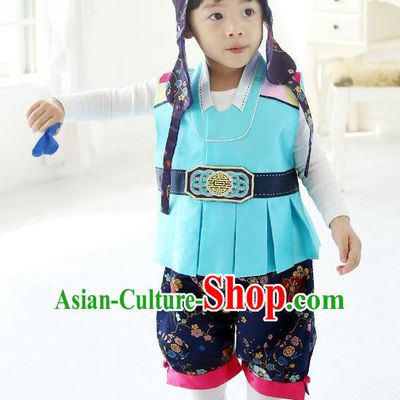 Asian Korean National Traditional Handmade Formal Occasions Boys Embroidery Light Blue Hanbok Costume Complete Set for Kids