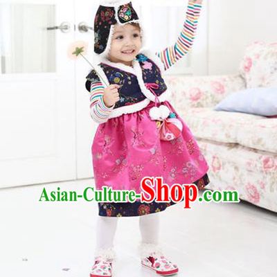 Asian Korean National Traditional Handmade Formal Occasions Girls Embroidery Hanbok Costume Blue Vest and Dress Complete Set for Kids