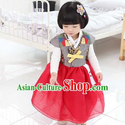 Asian Korean National Traditional Handmade Formal Occasions Girls Embroidery Hanbok Costume Red Dress Complete Set for Kids