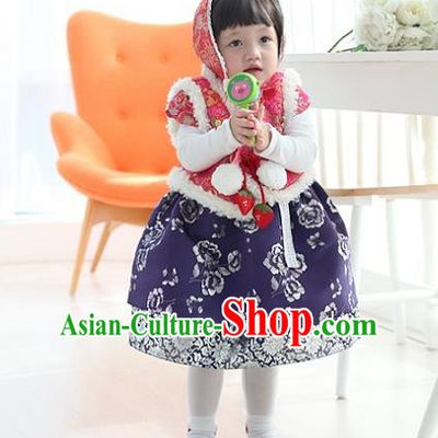 Asian Korean National Traditional Handmade Formal Occasions Girls Embroidery Hanbok Costume Pink Vest and Blue Dress Complete Set for Kids