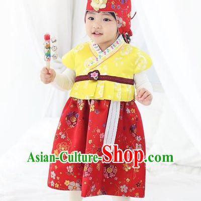 Asian Korean National Traditional Handmade Formal Occasions Girls Embroidery Hanbok Costume Yellow Vest and Red Dress Complete Set for Kids