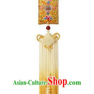 Traditional Korean Accessories Embroidered Waist Pendant, Asian Korean Fashion Wedding Yellow Tassel Waist Decorations for Women