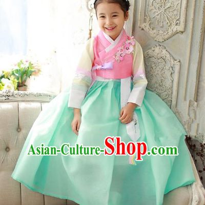 Traditional Korean National Handmade Formal Occasions Girls Hanbok Costume Embroidery Pink Blouse and Green Dress for Kids