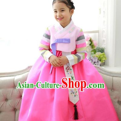 Traditional Korean National Handmade Formal Occasions Girls Hanbok Costume Embroidery Pink Blouse and Dress for Kids