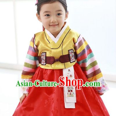 Traditional Korean National Handmade Formal Occasions Girls Hanbok Costume Embroidered Yellow Blouse and Red Dress for Kids