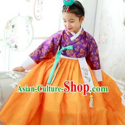 Traditional Korean National Handmade Formal Occasions Girls Hanbok Costume Embroidered Purple Blouse and Yellow Dress for Kids