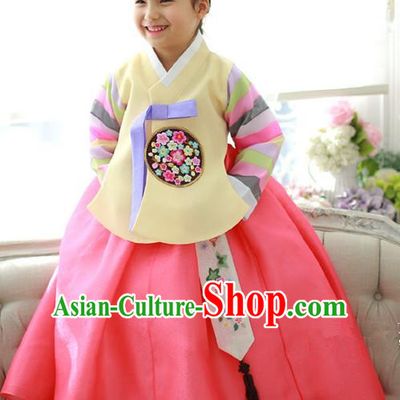 Traditional Korean National Handmade Formal Occasions Girls Hanbok Costume Embroidered Yellow Blouse and Watermelon Red Dress for Kids