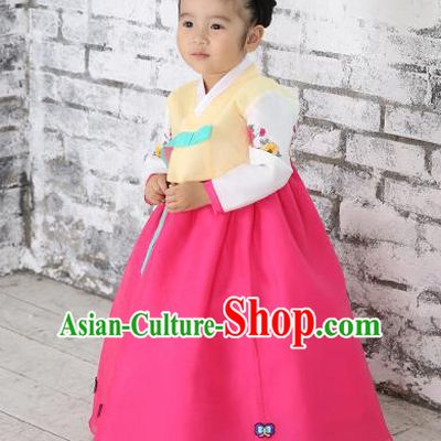 Traditional Korean National Handmade Formal Occasions Girls Hanbok Costume Embroidered Yellow Blouse and Pink Dress for Kids