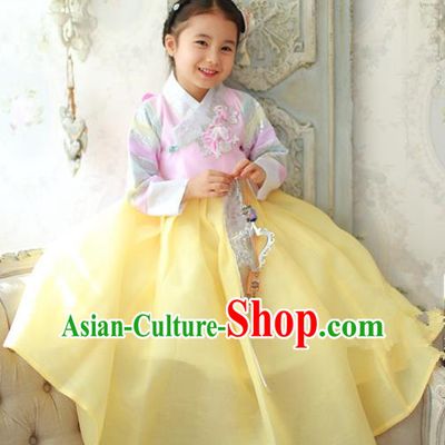Traditional Korean National Handmade Formal Occasions Girls Hanbok Costume Embroidered Pink Blouse and Yellow Dress for Kids