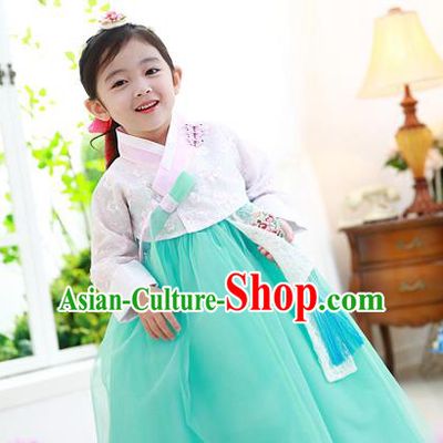 Traditional Korean National Handmade Formal Occasions Girls Hanbok Costume Embroidered White Lace Blouse and Green Dress for Kids