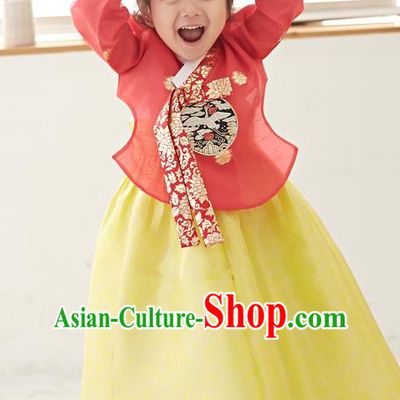 Traditional Korean National Handmade Formal Occasions Girls Hanbok Costume Embroidered Red Blouse and Yellow Dress for Kids