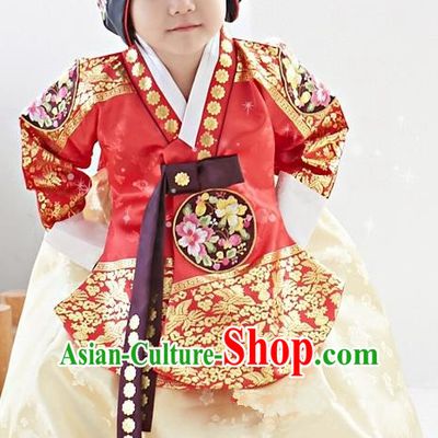 Traditional Korean National Handmade Formal Occasions Girls Palace Hanbok Costume Embroidered Red Blouse and Yellow Dress for Kids