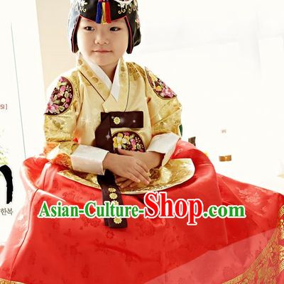 Traditional Korean National Handmade Formal Occasions Girls Palace Hanbok Costume Embroidered Yellow Blouse and Red Dress for Kids
