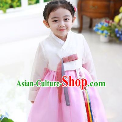 Traditional Korean National Handmade Formal Occasions Girls Palace Hanbok Costume Embroidered White Blouse and Pink Dress for Kids