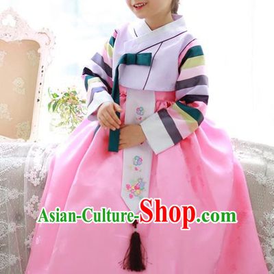 Traditional Korean National Handmade Formal Occasions Girls Palace Hanbok Costume Embroidered Lilac Blouse and Pink Dress for Kids
