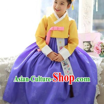 Traditional Korean National Handmade Formal Occasions Girls Palace Hanbok Costume Embroidered Yellow Blouse and Purple Dress for Kids