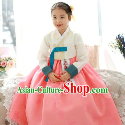 Traditional Korean National Handmade Formal Occasions Girls Palace Hanbok Costume Embroidered White Blouse and Pink Dress for Kids