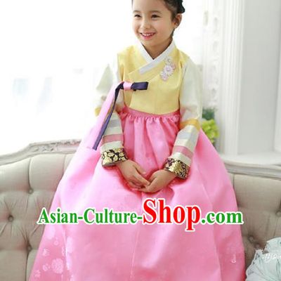 Traditional Korean National Handmade Formal Occasions Girls Palace Hanbok Costume Embroidered Yellow Blouse and Pink Dress for Kids
