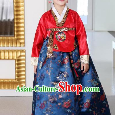 Traditional Korean National Handmade Formal Occasions Girls Palace Hanbok Costume Embroidered Red Blouse and Navy Dress for Kids