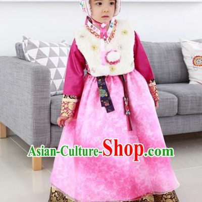 Traditional Korean National Handmade Formal Occasions Girls Palace Hanbok Costume Embroidered Red Blouse and Pink Dress for Kids