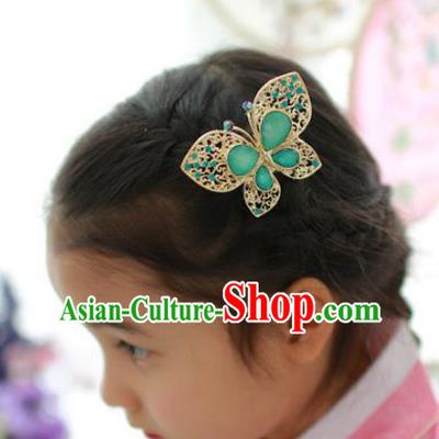 Traditional Korean National Hair Accessories Green Butterfly Hair Stick, Asian Korean Fashion Wedding Hanbok Hair Decorations Headwear for Women
