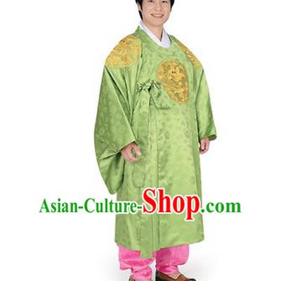 Korean National Traditional Handmade Wedding Embroidery Hanbok Costume, Asian Korean Palace Bridegroom Green Dragon Robe for Men