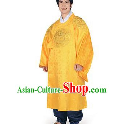 Korean National Traditional Handmade Wedding Embroidery Hanbok Costume, Asian Korean Palace Bridegroom Yellow Dragon Robe for Men